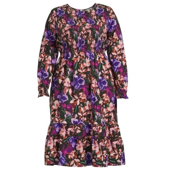 Floral Print Smocked Cotton Peasant Dress Pockets Size 2X 20W-22W New Boho Plus - Picture 4 of 12